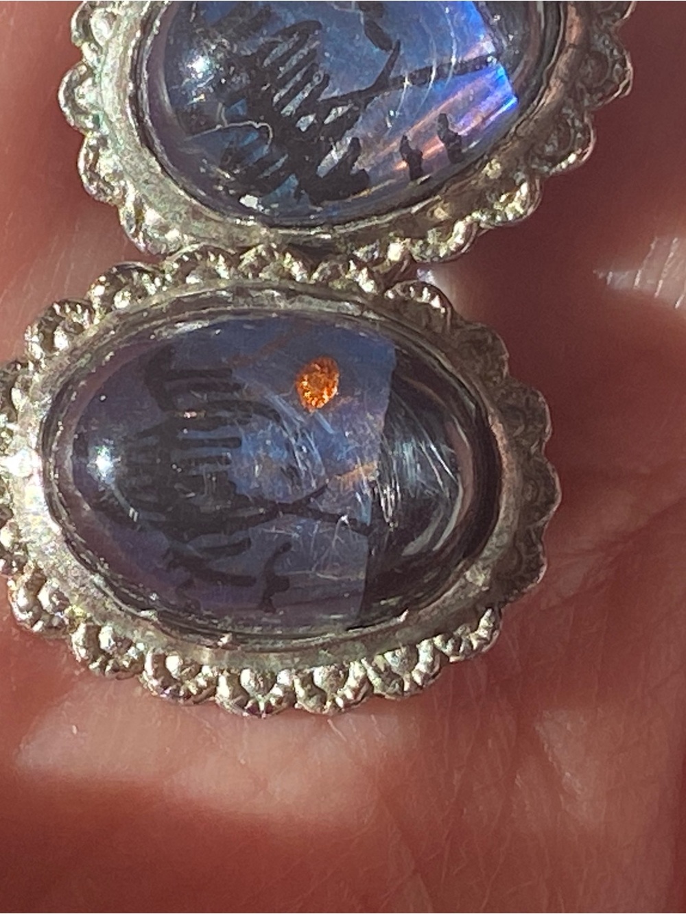 Blue Iridescent Glass Cabochon Silver Tone Earrings - Picture 3 of 7